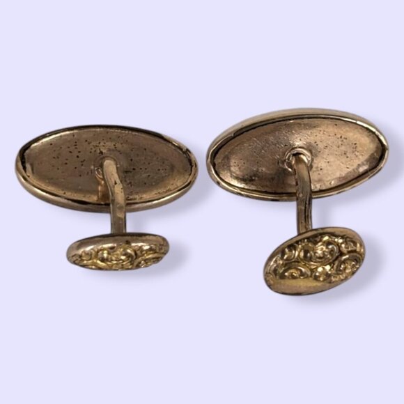 Antique Floral Etched Fixed Bean Back Cufflinks - Picture 4 of 5